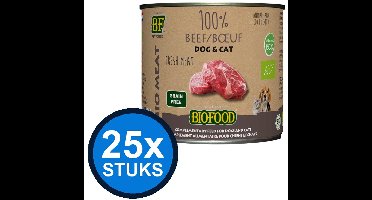 25x Biofood - Organic hond&kat 100% rundvlees blik 200gr - Hondenvoer Natvoer - 200 g