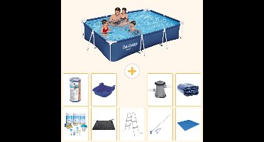 Bestway Rechthoekig Steel Pro Zwembad - 300 x 201 x 66 cm - Blauw - Inclusief Onderhoudspakket - Solar Mat - Ladder - Schoonmaakset - Grondzeil - Filter - Voetenbad - Zwembadfilterpomp - Solarzeil - 10-delig
