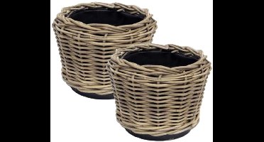 Van der Leeden Planten/bloemen mand - 2x - rotan - gevlochten riet - D25 x H19 cm - drypot - plantenpot - plantenmand - nestbaar