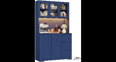 Sierra Dressoir, Keukenkast, buffetkast met led-dressoir voor keuken met stekkerdoos, keukenkast met werkblad en 3 laden, keukenbuffet met verstelbaar rek, blauw, 180 x 100 x 38,5 cm