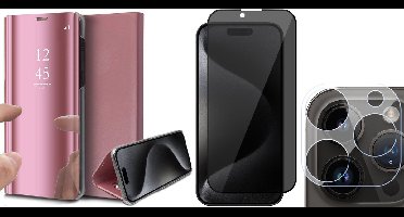 Hoesje geschikt voor iPhone 15 Pro Max - Privacy Screenprotector FullGuard & Camera Lens Screen Protector - Book Case Spiegel Roségoud