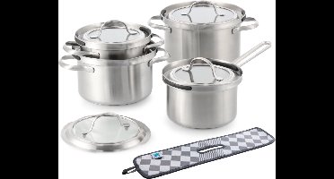 BK Q-linair Master Glas Linova Pannenset 4-delig - 16/18/20cm - Zonder antikleeflaag - Pannenset inductie - RVS pannenset - Ovenbestendig tot 220°C - Met deksel - Met afgiethulp -Zilver