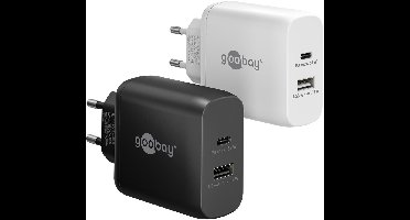 Goobay 65 W GaN dual snellader zwart met USB-C Power Delivery en USB-A, laadt twee apparaten via één stopcontact, ook voor MacBook Air