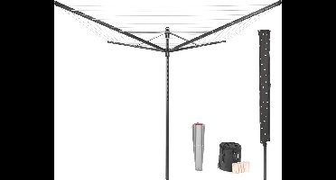 Brabantia Lift-O-Matic Droogmolen - met Metalen Grondanker, Beschermhoes, Wasknijpertasje en Wasknijpers - 50 m - Anthracite