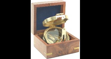 Kompas – nautisch – goudkleurig – houten kistje – 10,5 x 9,5 x 7 cm - Messing - spiegelkompas