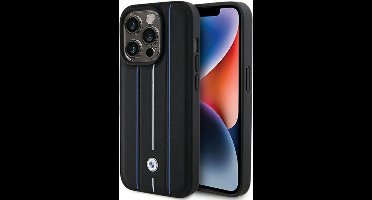 BMW Leather Blue Lines Back Case - Geschikt voor Apple iPhone 15 Pro (6.1") - Zwart