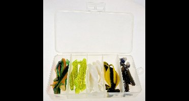 Qatrixx Softbait set 35 Delig - Shads 7,5 cm uit Amerika - Jigheads - Staaldraad - inclusief Tacklebox - Roofvissen - Snoek - Baars - Snoekbaars - Kunstaas - Kunstaasset