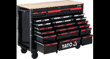 YATO Professionele Werkplaatswagen YT-09006 – 20 Laden – Met Rubberhouten Werkblad – Centraal Slot & 6 Transportwielen (150 mm) – 1425 x 575 x 1095 mm