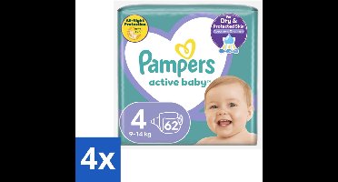 4 x Pampers – Luiers – Active Baby Maat 4 (9-14 kg) – 62 Luiers - Luiers Voor Baby - Droge Luiers - Actieve Baby - Superabsorberende Luiers - Anti-lek Luiers