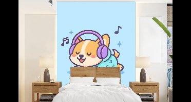 Behang - Fotobehang Corgi - Koptelefoon - Blauw - Muzieknoten - Breedte 160 cm x hoogte 220 cm