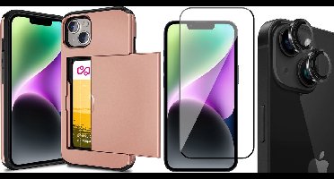 Hoesje met Pasjeshouder geschikt voor iPhone 15 - Screenprotector FullGuard & Camera Lens Screen Protector Zwart - Back Cover SlideCase Roségoud