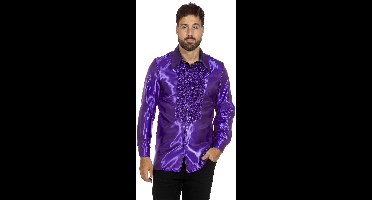 Jaren 80 & 90 Kostuum | Paarse Ruchesblouse Satijn Foute Disco | Maat 58 | Carnaval kostuum | Verkleedkleding