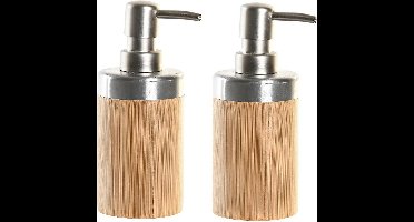 Item International Zeeppompje dispenser - 2x stuks - bruin/zilver - bamboe hout - 7 x 17 cm - keuken/badkamer/toilet - lotionpomp - 300 ml