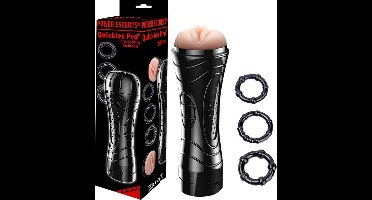 Power Escorts - Quickies Pro  - stevige vibrerende Masturbator - Extra Inclusief 3-pack beaded cockringen  - 7-speed vibrerend - 24 CM - Zwart - met beige sappige vagina - cadeauverpakking