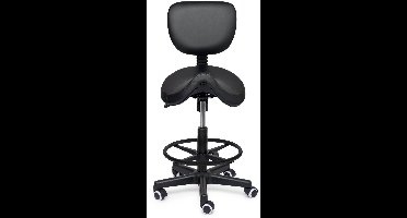 Premium Zadelkruk met Rugleuning / Kapperskruk Zwart – Ergonomische Zadelstoel met 4 cm Koudschuim Zitting, In Hoogte Verstelbaar - Standaard (50-68cm) / Met voetsteun / Standaard wielen