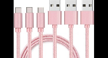 3x USB C naar USB A Nylon Gevlochten Kabel Roze - 1 meter - Oplaadkabel voor Oppo Reno 7 SE 5G / Oppo Reno 7 5G / Oppo Reno 7 PRO 5G