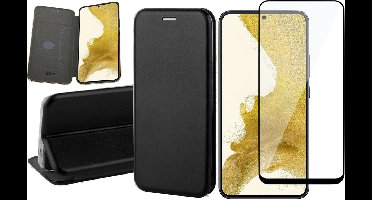 Hoesje geschikt voor Samsung Galaxy S22 Plus - Book Case Kunstlederen Wallet Cover Minimalistisch Pasjeshouder Hoes Zwart - Full Tempered Glass Screenprotector