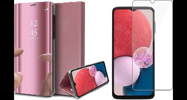 Hoesje geschikt voor Samsung Galaxy A13 4G - Book Case Spiegel Wallet Cover Hoes Roségoud - Tempered Glass Screenprotector