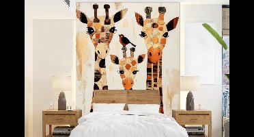 Behang - Fotobehang Giraffen - Cartoon - Crème - Breedte 160 cm x hoogte 220 cm
