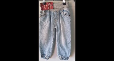 Feetje gebleekte jeans met brede elastische tailleband en strikje op achterkant maat 80