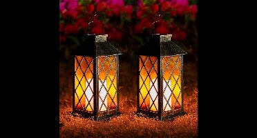 GELLDG 2 Stuks Solarlampen voor Buiten - Lichtkranten met Vlammen Effect - IP44 Waterdicht en Energiezuinig Zonder Bedrading - Geschikt voor Tuin Terras Wand en Tafel - Kunststof - 14x14x28cm