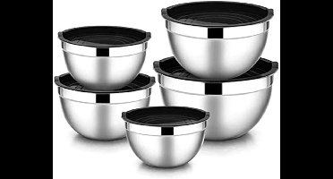 GELLDG 5 Stuks Roerschalen - Salatschalen met Deksel - 4.5l 2.7l 1.6l 1.1l 0.7l - Luchtdicht Rutschvast Stapelbaar - Geschikt voor Keuken en Opslag - Metalen Schalen Set