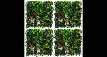 ECD Germany Plantenwand 50 x 50 cm, 4 stuks wandpaneel van kunstplanten, kunstplantenwand privacyscherm weerbestendig, makkelijk te verzorgen en duurzaam voor buiten en binnen, uv-bestendig kunsthaag paneel voor uw tuin en balkon, groen tropical pink