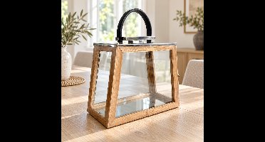 Hoppa! Trapeziumvormige lantaarn met draagbeugel - Naturel/Chroom - 18 x 40 x 43 cm (B x D x H)
