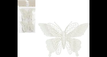 Kerstboomversiering Vlinder - 4x stuks - 16 cm - wit glitter - op clip