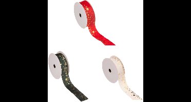 Fééric Lights and Christmas Kerst Lint - Set van 3 stuks - Kerstlint - Cadeauversiering - 25mmx3m - Rood/Wit/Donkergroen