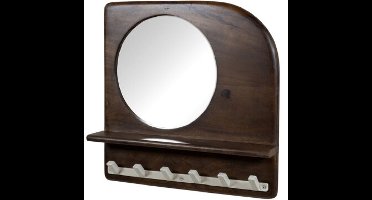Kapstok Curaçao met Spiegel en 6 Haken – Walnoot Mangohout - japandi – 45x9x45 cm