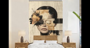Behang - Fotobehang Gezicht - Bloemen - Zwart - Vrouw - Breedte 145 cm x hoogte 220 cm