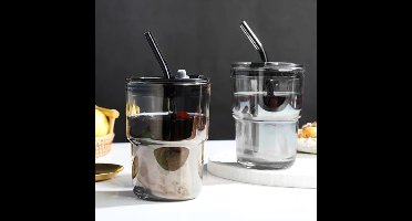 Glazen smoothiebekers met deksel en rietje - set van 2, grijs