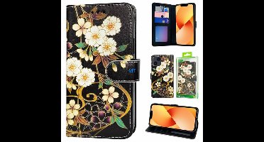 Green On 3D Print Wallet Case White Flower Xiaomi 12X - Wit