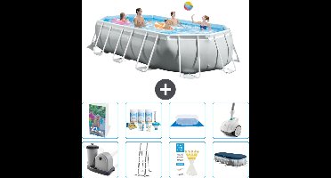 Intex Ovaal Prism Frame Zwembad - 503 x 274 x 122 cm - Grijs - Inclusief Pomp - Ladder - Grondzeil - Afdekzeil - Onderhoudspakket - Stofzuiger - 9-delig