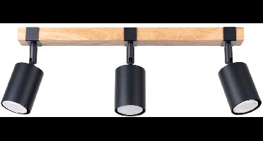Plafondlamp FAGER 3 met 3 verstelbare spots en houten details - Sollux Lighting - IP20 - Zwart/natuurlijk hout staal/natuurlijk hout behuizing - 54 x 6 x 17.2 cm - 3 x GU10 LED, exclusief lichtbron - 3 x 10 W - Scandinavische plafondlamp