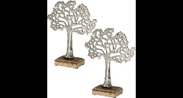 2x Stuks decoratie levensboom van aluminium op houten voet 30 cm zilver - Tree of life