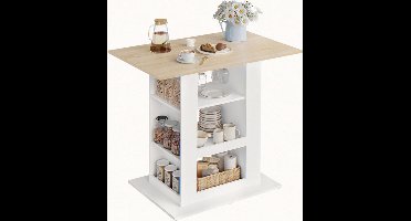 Sierra, Bartafel met opbergruimte, statafel met 2 glazen houders, eettafel voor bar, keuken, woonkamer, keukentoonbank van hout, hoge tafel, 105 x 94 x 68 cm, wit en licht eiken