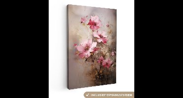 Canvas schilderij 40x60 cm - Wanddecoratie Bloemen - Roze - Kunst - Watercolor - Muurdecoratie woonkamer - Slaapkamer decoratie - Kamer accessoires - Schilderijen op canvas