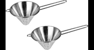 5Five Punt vergiet/zeef met lang handvat - Set van 2x stuks - zilver - 16 x 13 cm - RVS - Keukenvergieten