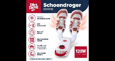 Dirt Devil Schoenendroger DD1016 - Elektrische Schoenverfrisser met 120 Minuten Timer - Verwarmt tot 55°C - 360° Werking - Inklapbare Armen - 18 x 27 x 27 cm - Wit/Rood