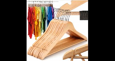 10x Houten Kledinghangers met Broekstang - Natuurlijk Hout