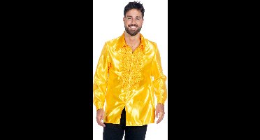 Ruchesblouse satijn geel - Maat 50