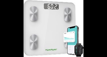 Tunturi Weegschaal - Personenweegschaal - Bluetooth - 180kg Gebruikersgewicht - Slimme weegschaal met app - Kleur: wit - incl. lichaamsanalyse