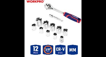 WORKPRO WP202557 Dopsleutelset 3/8 CR-V 12-delig met ratel en verlengstuk
