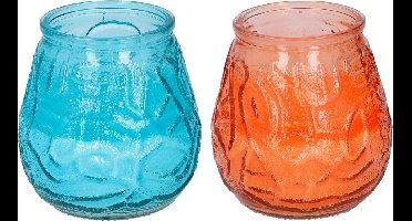 Arti Casa 4x stuks Citronella Lowboy tafelkaarsen 10 cm oranje en blauw glas