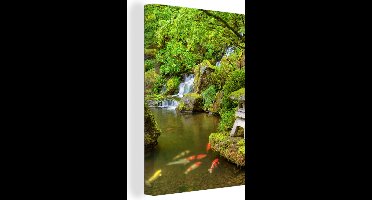 OneMillionCanvasses - Canvas schilderij - Waterval - Koi - Japanse lantaarn - Mos - Water - Natuur - Schilderijen op canvas - 60x90 cm - Canvasdoek - Muurdecoratie - Woonkamer