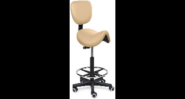 Premium Zadelkruk met Rugleuning / Kapperskruk Beige – Ergonomische Zadelstoel met 4 cm Koudschuim Zitting, In Hoogte Verstelbaar - Hoog (70-85cm) / Zonder voetsteun / Standaard wielen