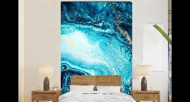 Behang - Fotobehang Marmerlook - Blauw - Goud - Luxe - Glitter - Marmer - Breedte 145 cm x hoogte 220 cm