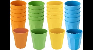 Set van 24 Kunststof Bekers – 300 ml – Onbreekbaar – 4 Kleuren (Geel, Oranje, Blauw, Groen) – Vaatwasserbestendig – Polypropyleen – Herbruikbaar